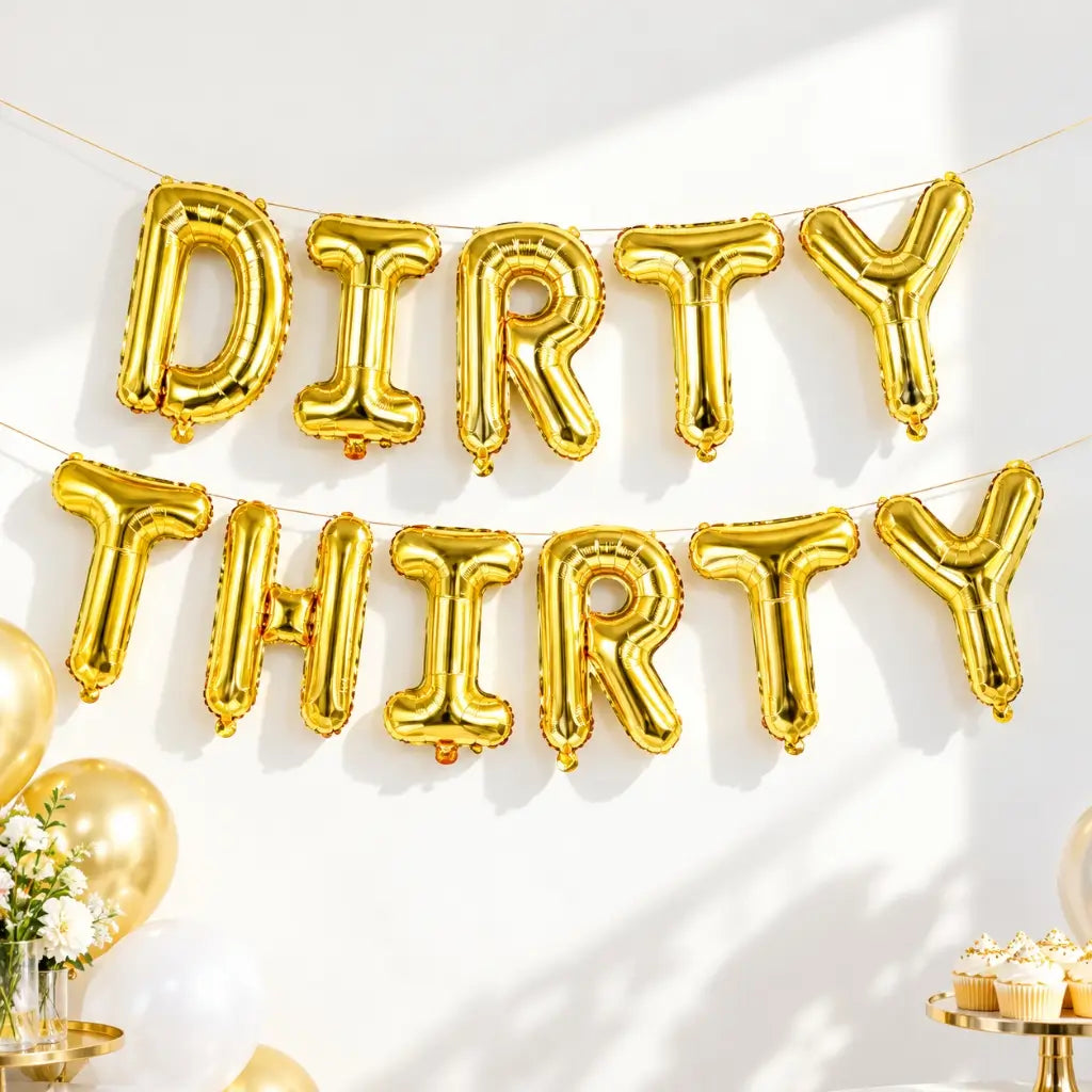 Gold DIRTY thirty Foil Balloon Banner – 30th Birthday Party Décor