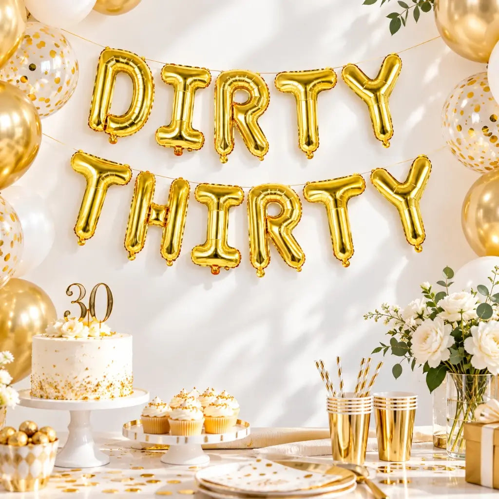 Gold DIRTY thirty Foil Balloon Banner – 30th Birthday Party Décor