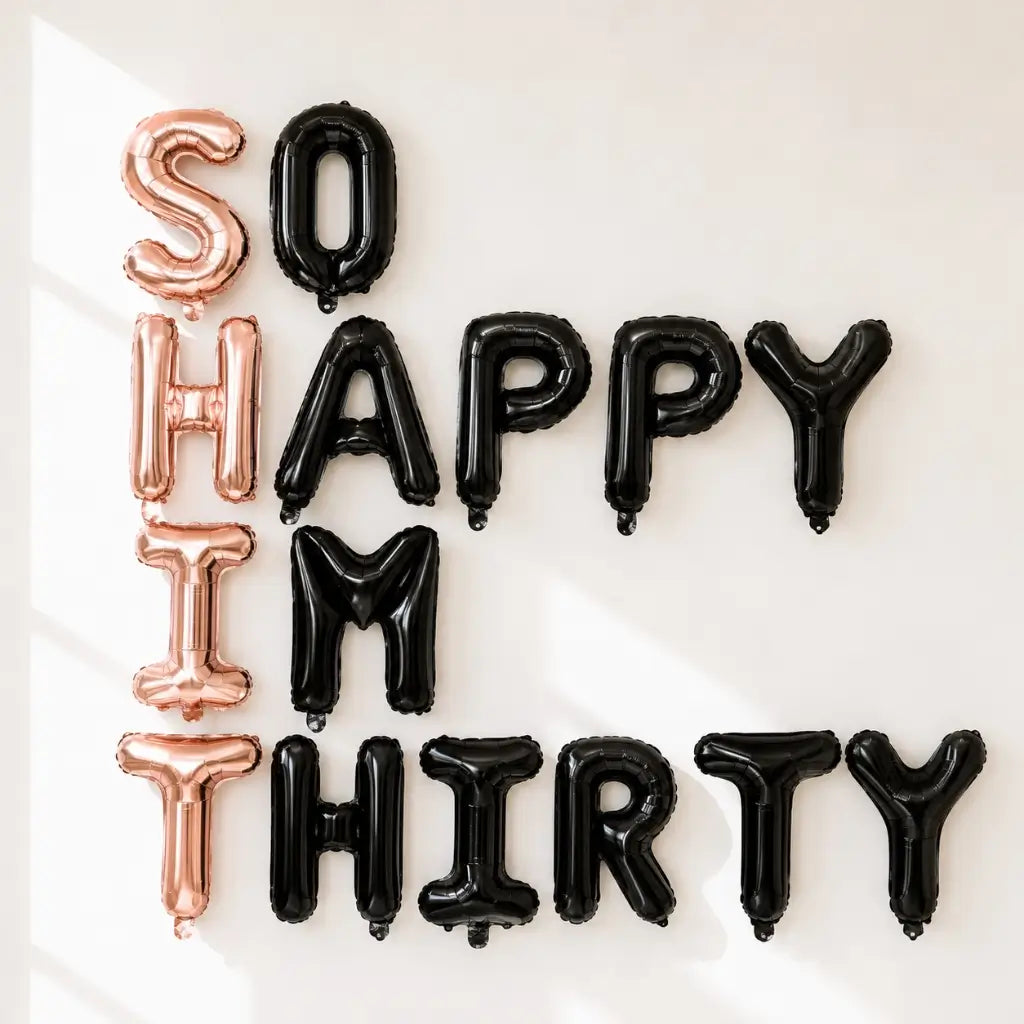 16-inch Rose Gold Black 'SO HAPPY IM THIRTY' Foil Balloon Banner