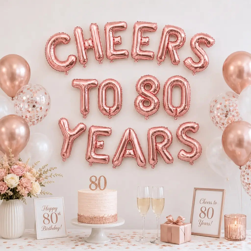 16-inch Rose Gold CHEERS TO 80 YEARS Foil Balloon Banner