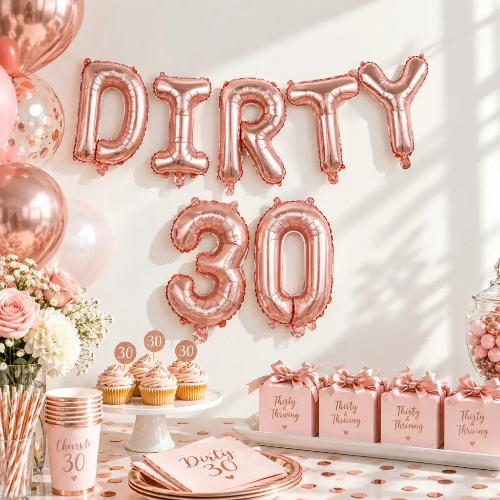 16-inch Rose Gold DIRTY 30 Foil Balloon Banner.