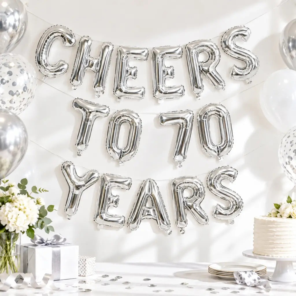 16" Silver CHEERS TO 70 YEARS Foil Balloon Banner