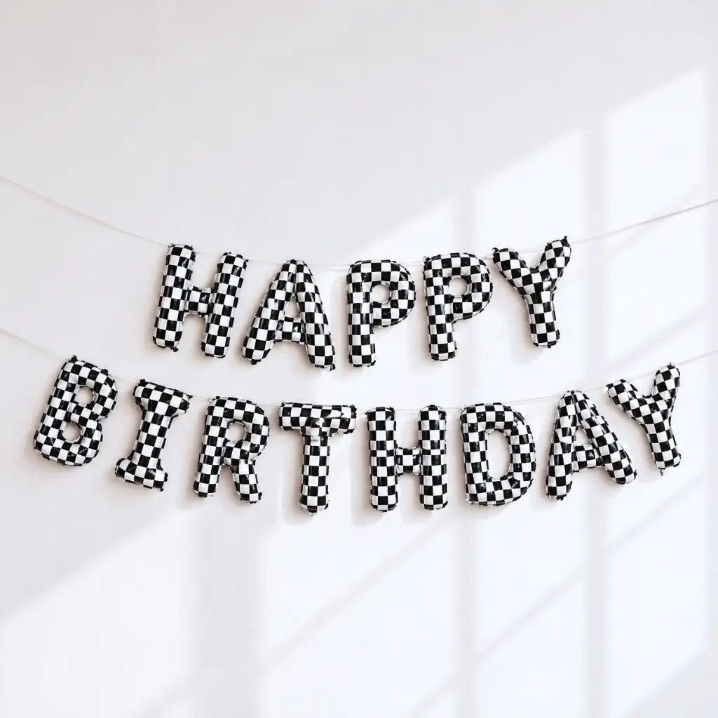 Black & White Checkered Happy Birthday Balloon Banner