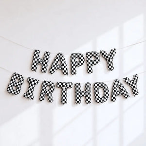 Black & White Checkered Happy Birthday Balloon Banner