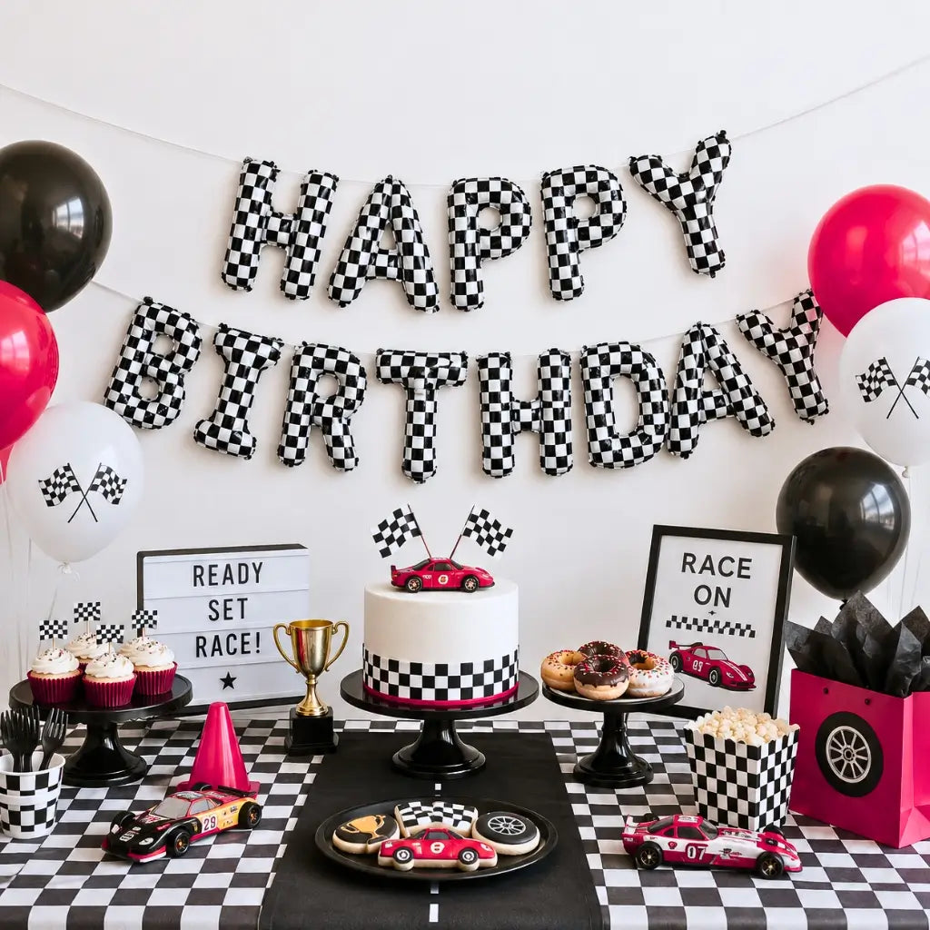 Black & White Checkered Happy Birthday Balloon Banner