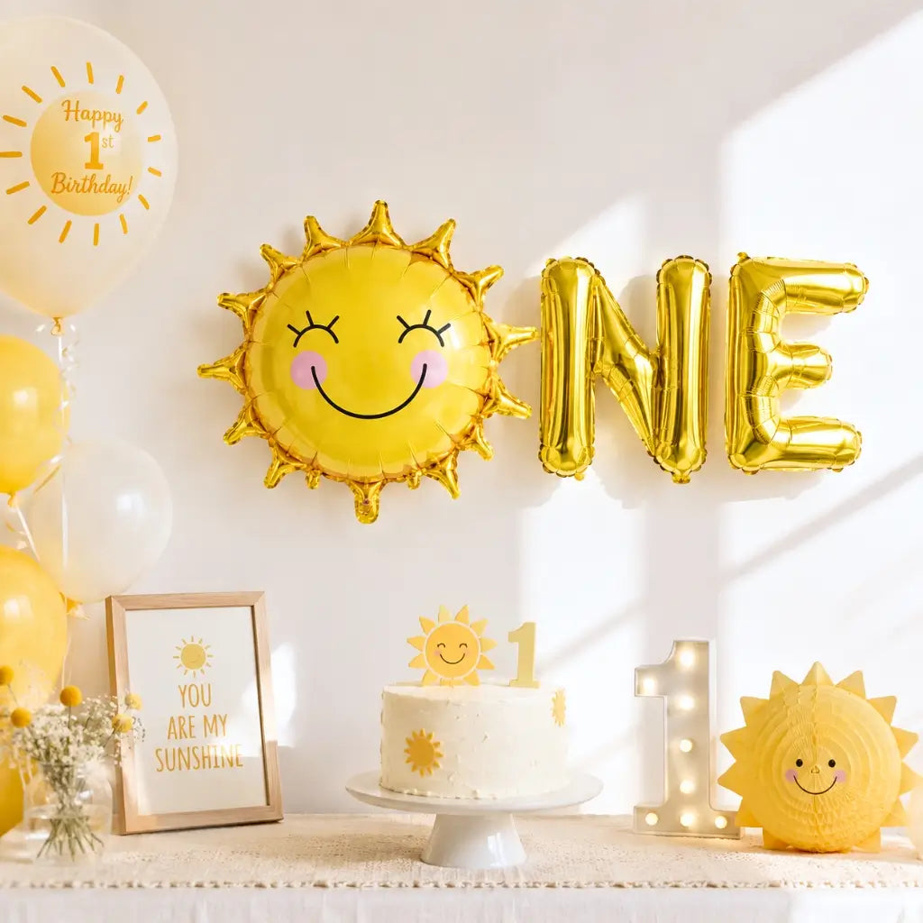 16-inch Gold ONE & Smiling Sun 1st Birthday Foil Balloons