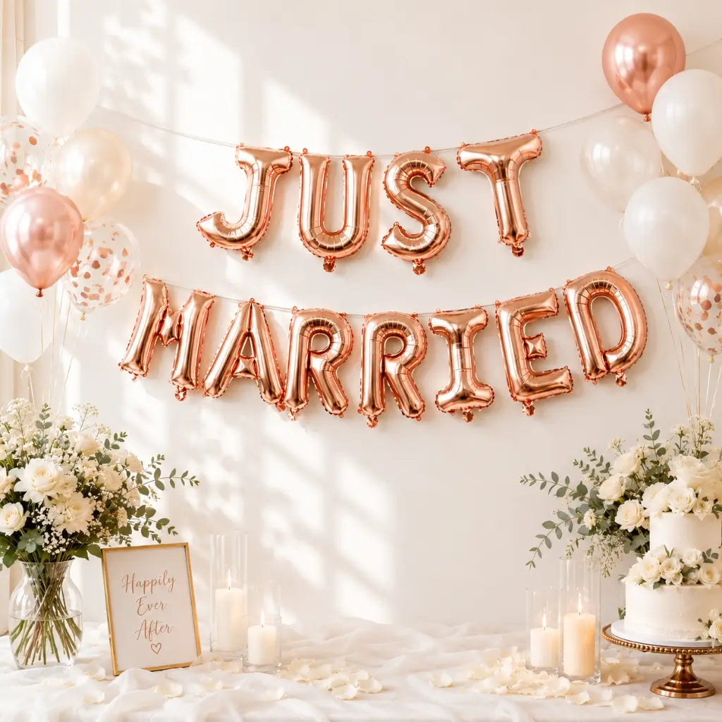 16-inch Rose Gold JUST MARRIED Foil Balloon Banner