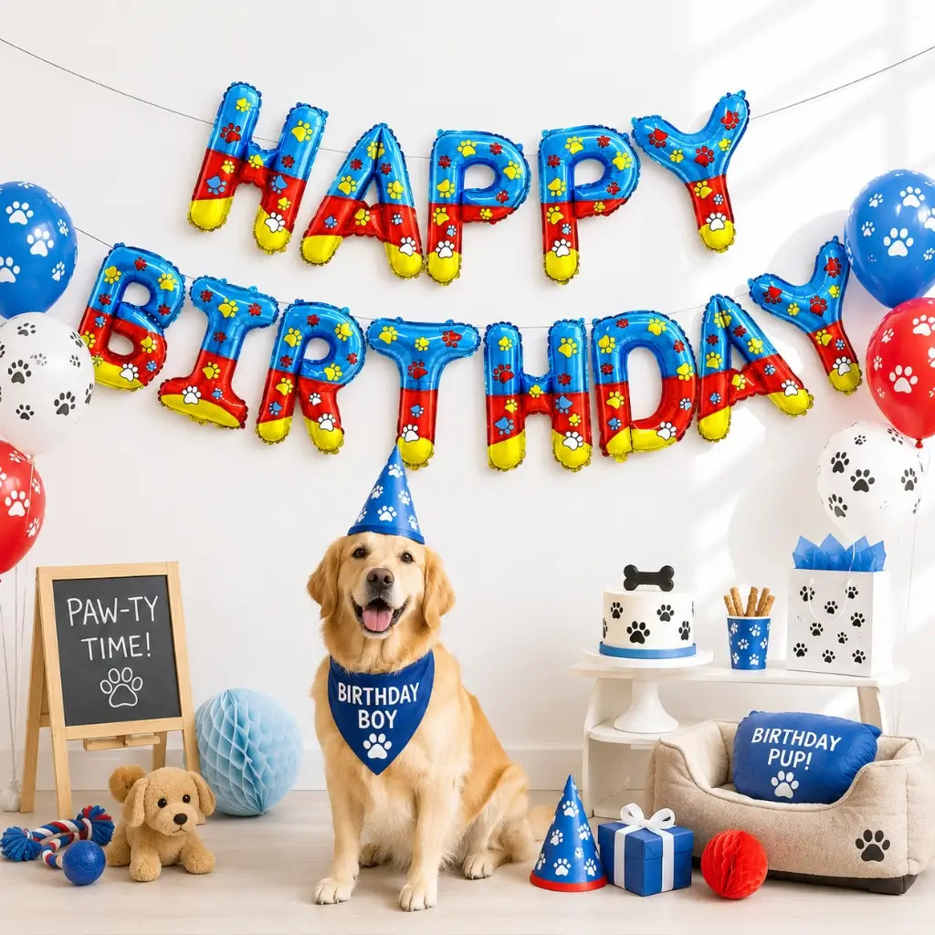 paw print happy birthday foil balloon banner dog party decoration