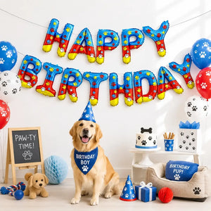 paw print happy birthday foil balloon banner dog party decoration