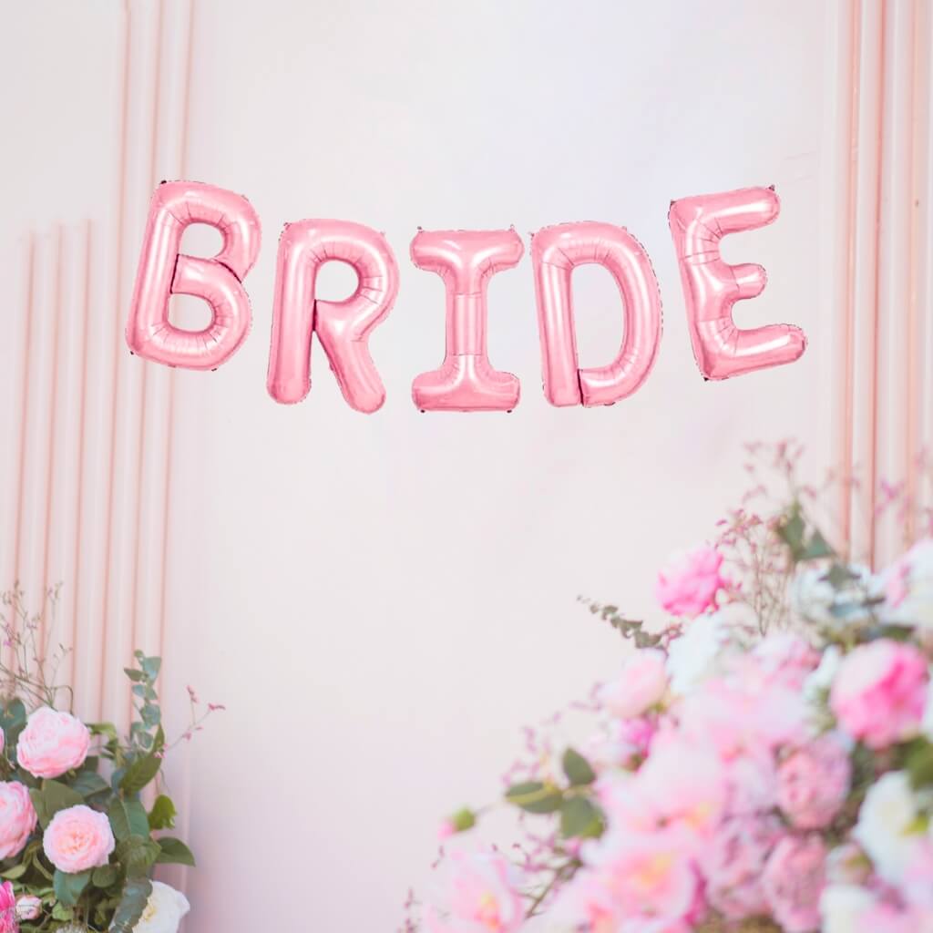 Baby pink BRIDE foil letter balloons alphabet bridal shower and bachelorette party decoration backdrop