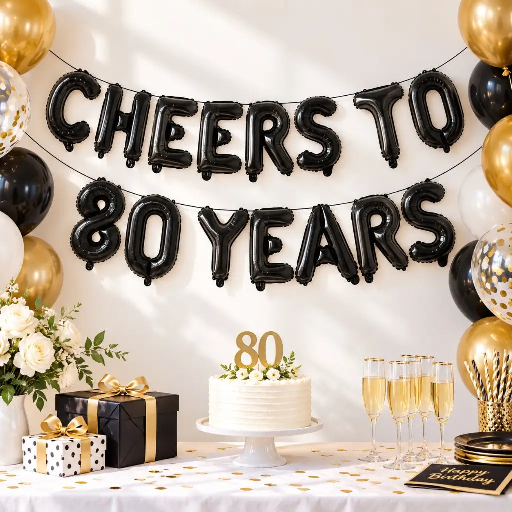 16-inch Black CHEERS TO 80 YEARS Foil Balloon Banner