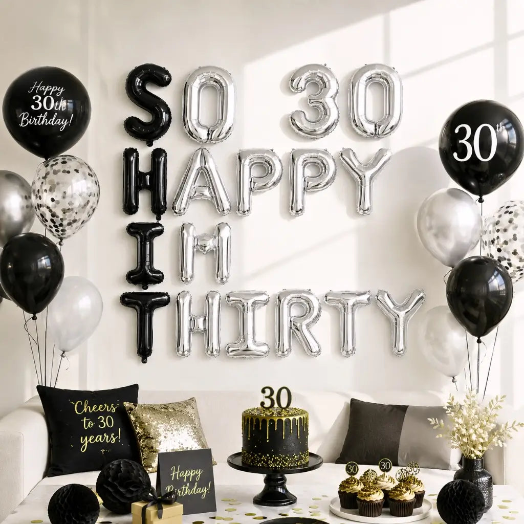 Black & Silver SO HAPPY IM THIRTY 30 Foil Balloons - Silver 30