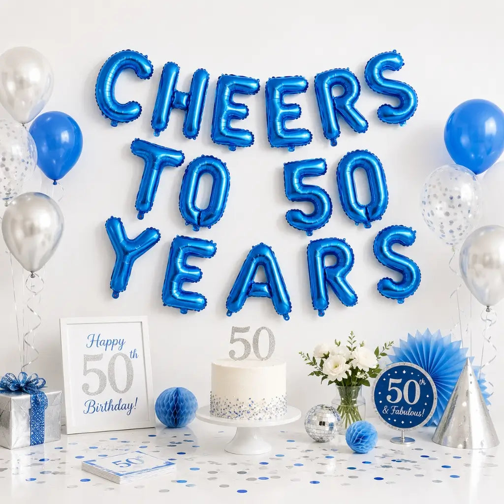 16-inch Blue CHEERS TO 50 YEARS Foil Balloon Banner