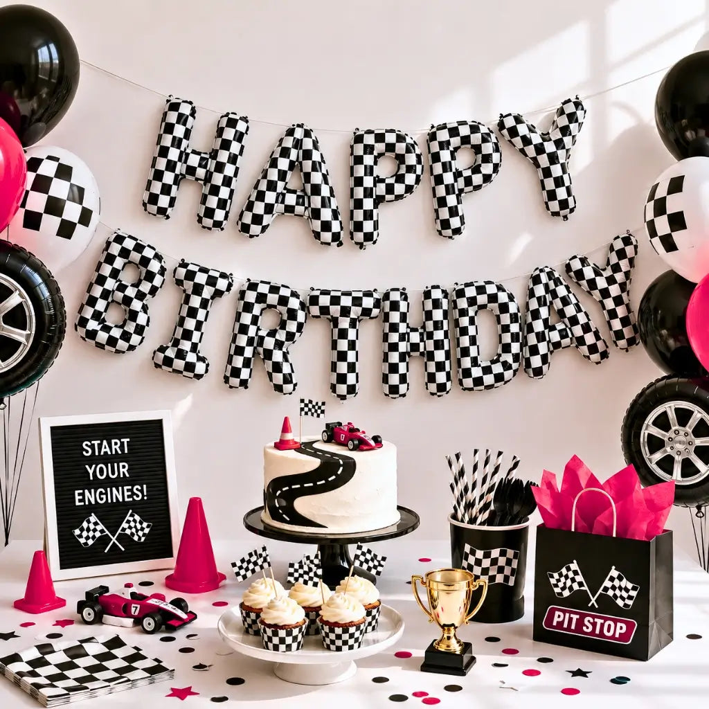 Black & White Checkered Happy Birthday Balloon Banner