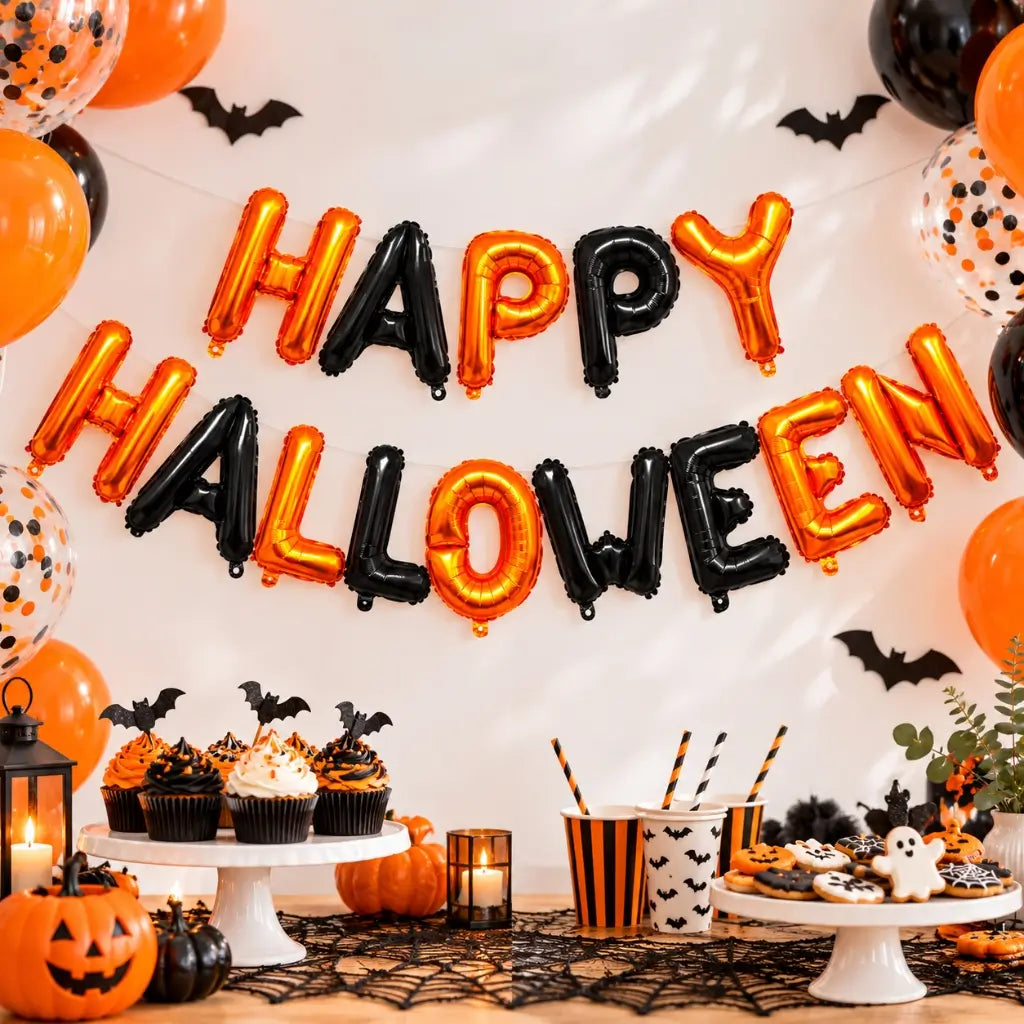 16-inch Orange Black Happy Halloween Foil Balloon Banner.