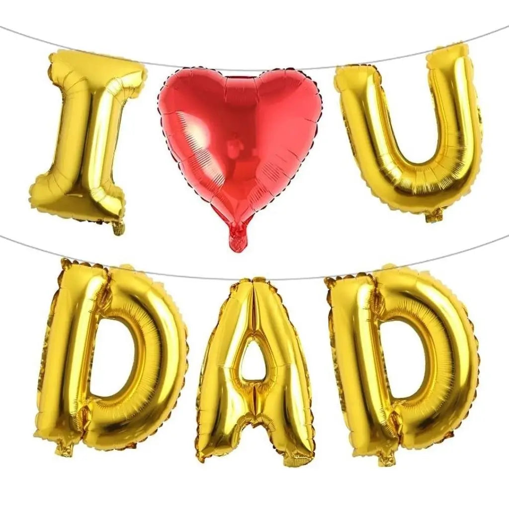 Gold letter balloons spelling 'I  U × DAD' with a red heart balloon on a white background