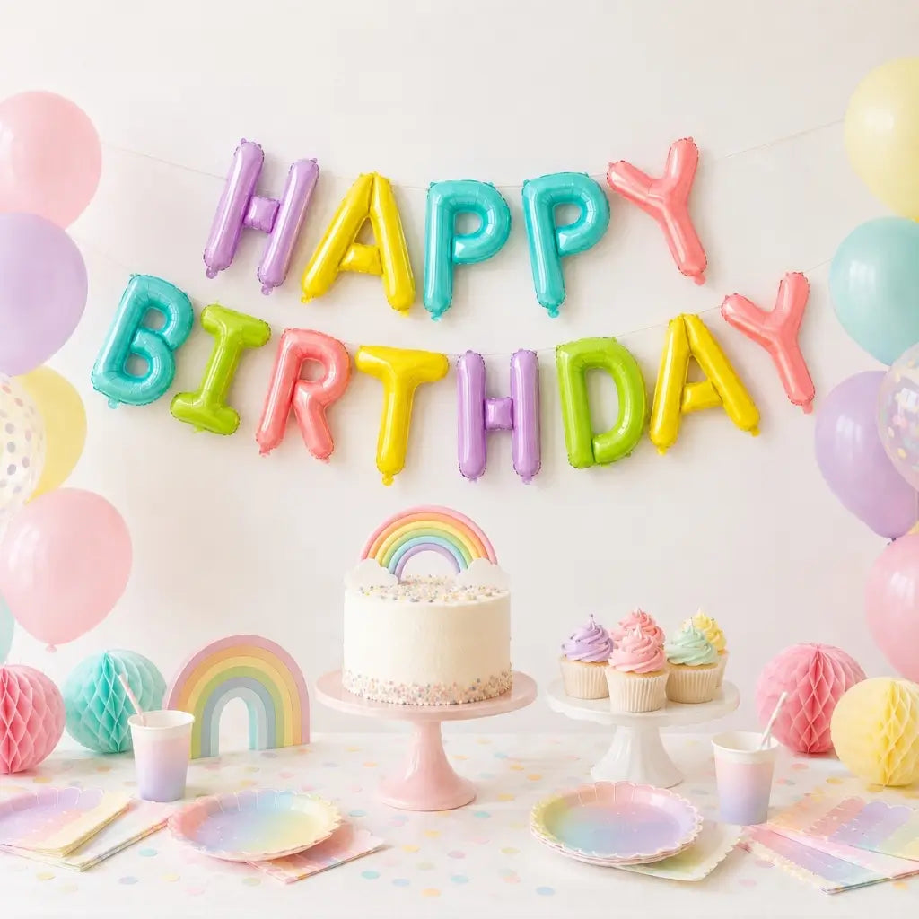 Pastel Rainbow Happy Birthday Balloon Banner