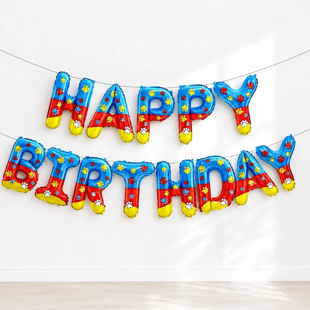 paw print happy birthday foil balloon banner kids party decoration
