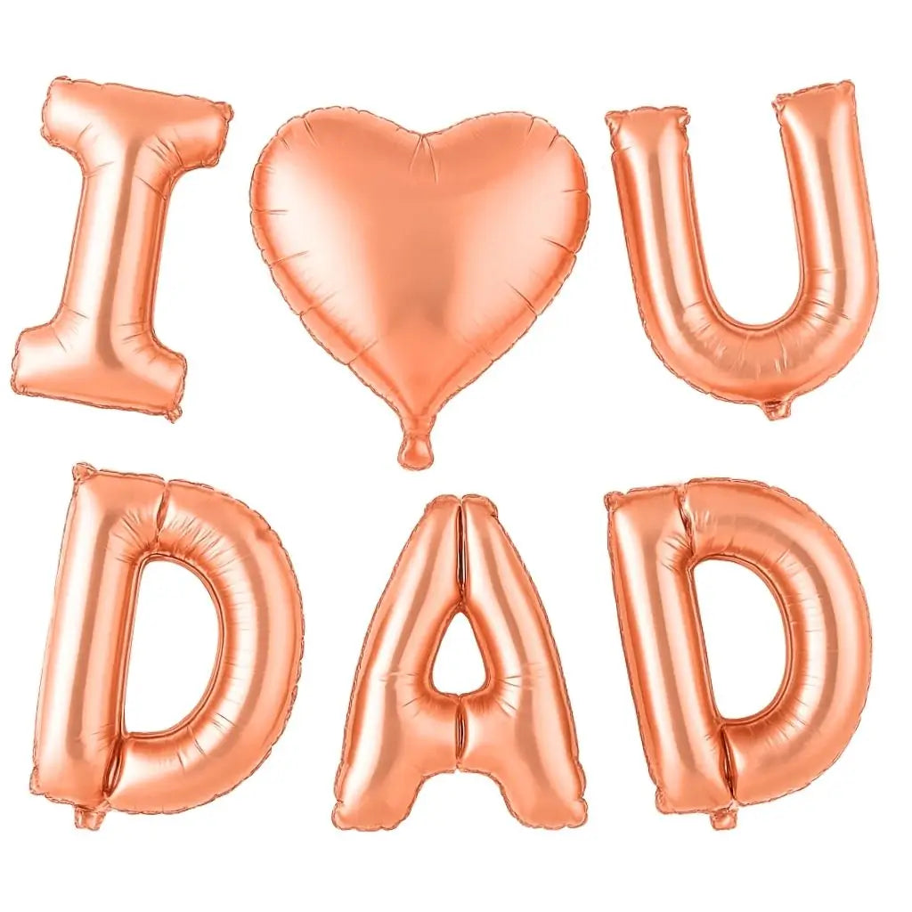 Rose gold balloons spelling 'I heart U DAD' with a red heart balloon on a white background