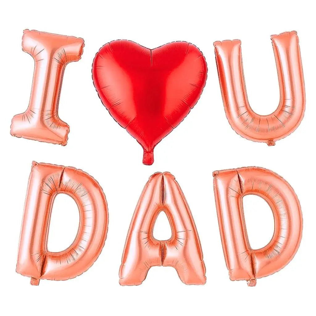 Rose gold balloons spelling 'I heart U DAD' with a red heart balloon on a white background