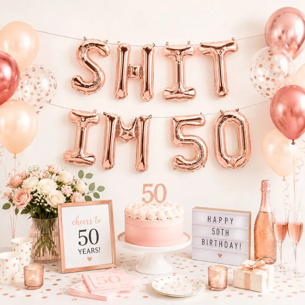 16-inch Rose Gold SHIT IM 50 Foil Birthday Balloon Banner