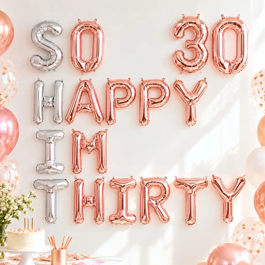 Silver Rose Gold SO HAPPY IM THIRTY 30 Foil Balloon Banner - Rose Gold 30