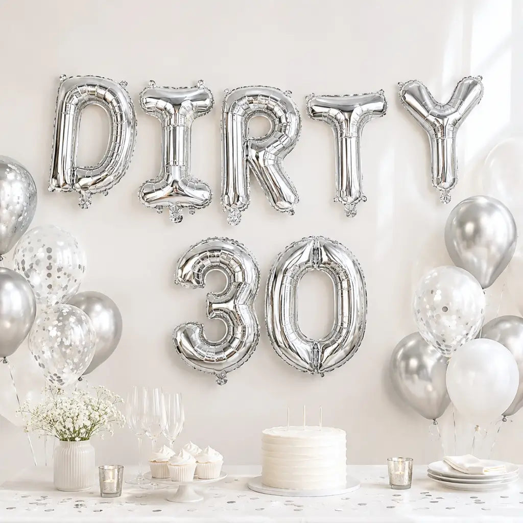 16-inch Silver DIRTY 30 Foil Birthday Balloon Banner