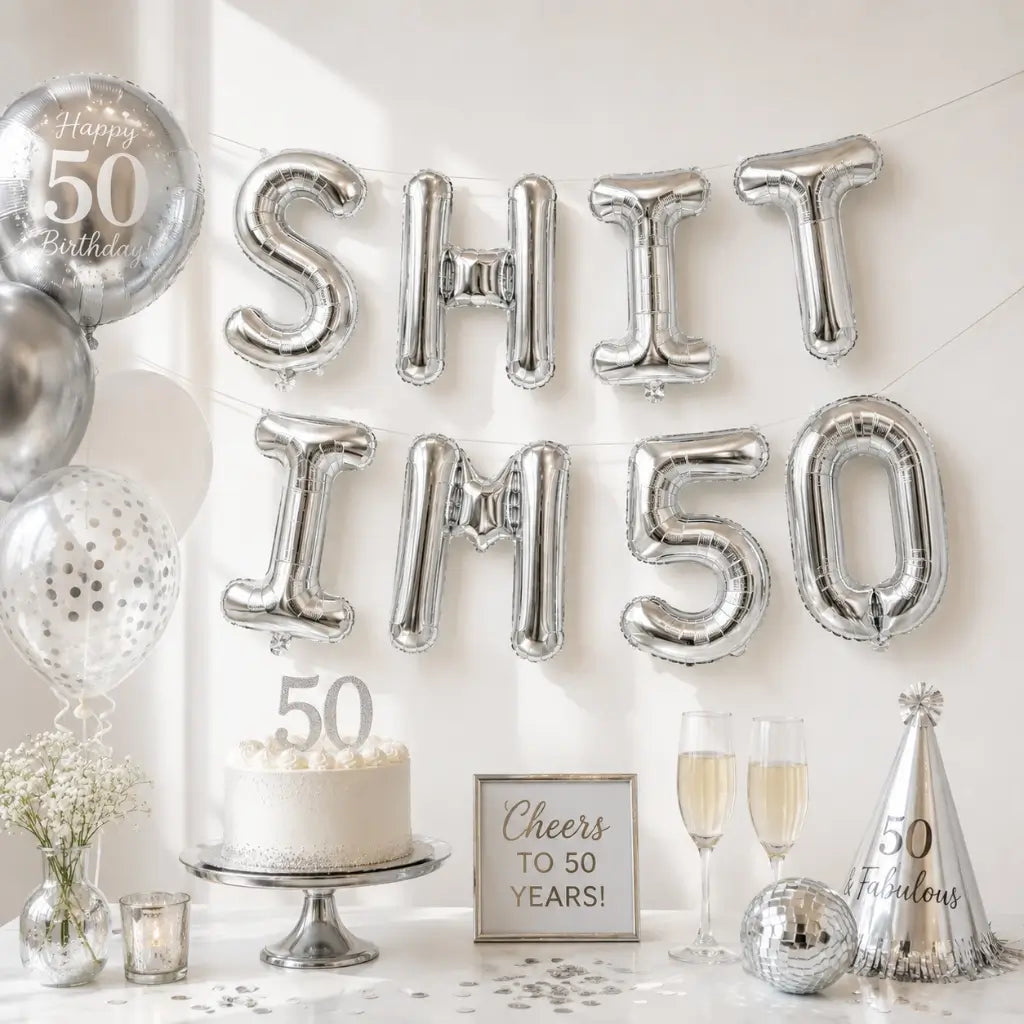 16-inch Silver SHIT IM 50 Foil Birthday Balloon Banner