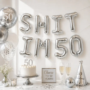 16-inch Silver SHIT IM 50 Foil Birthday Balloon Banner