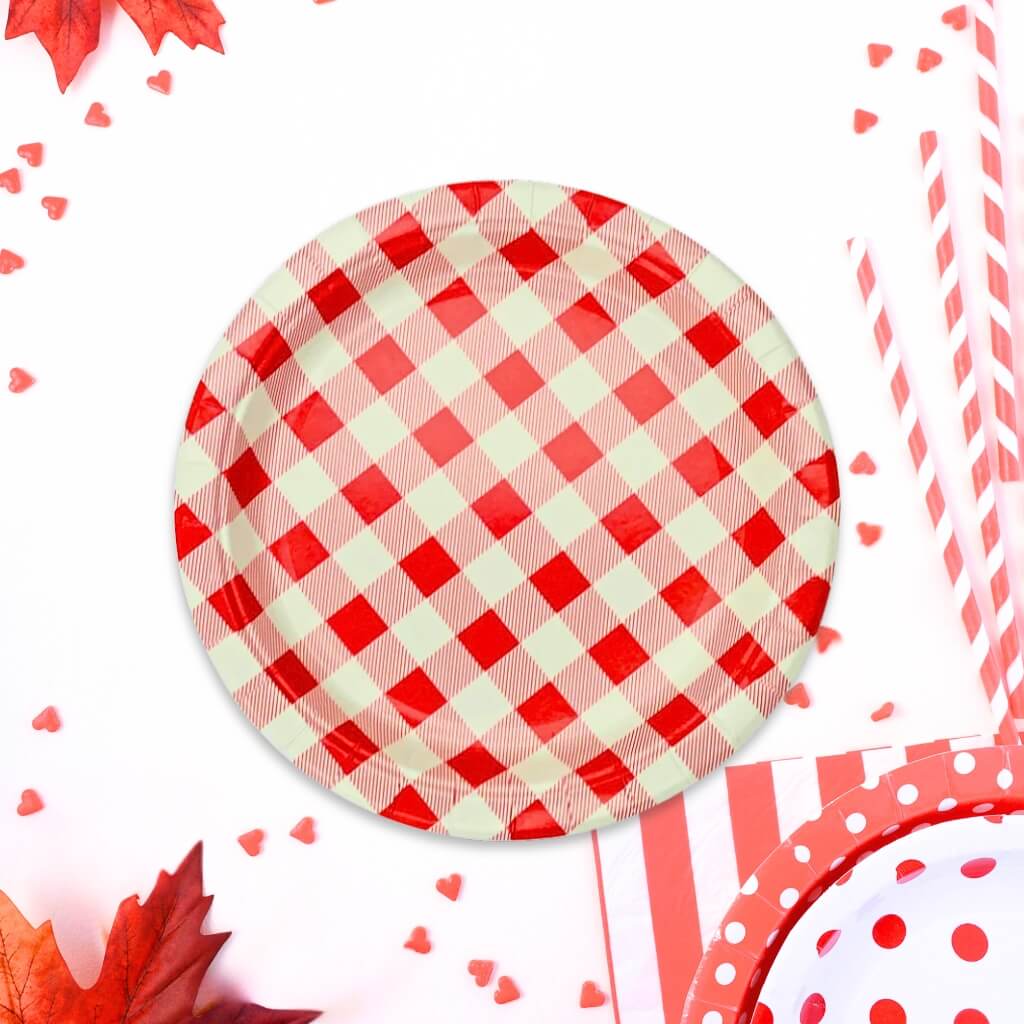 Red and white check picnic party plates 20 pack