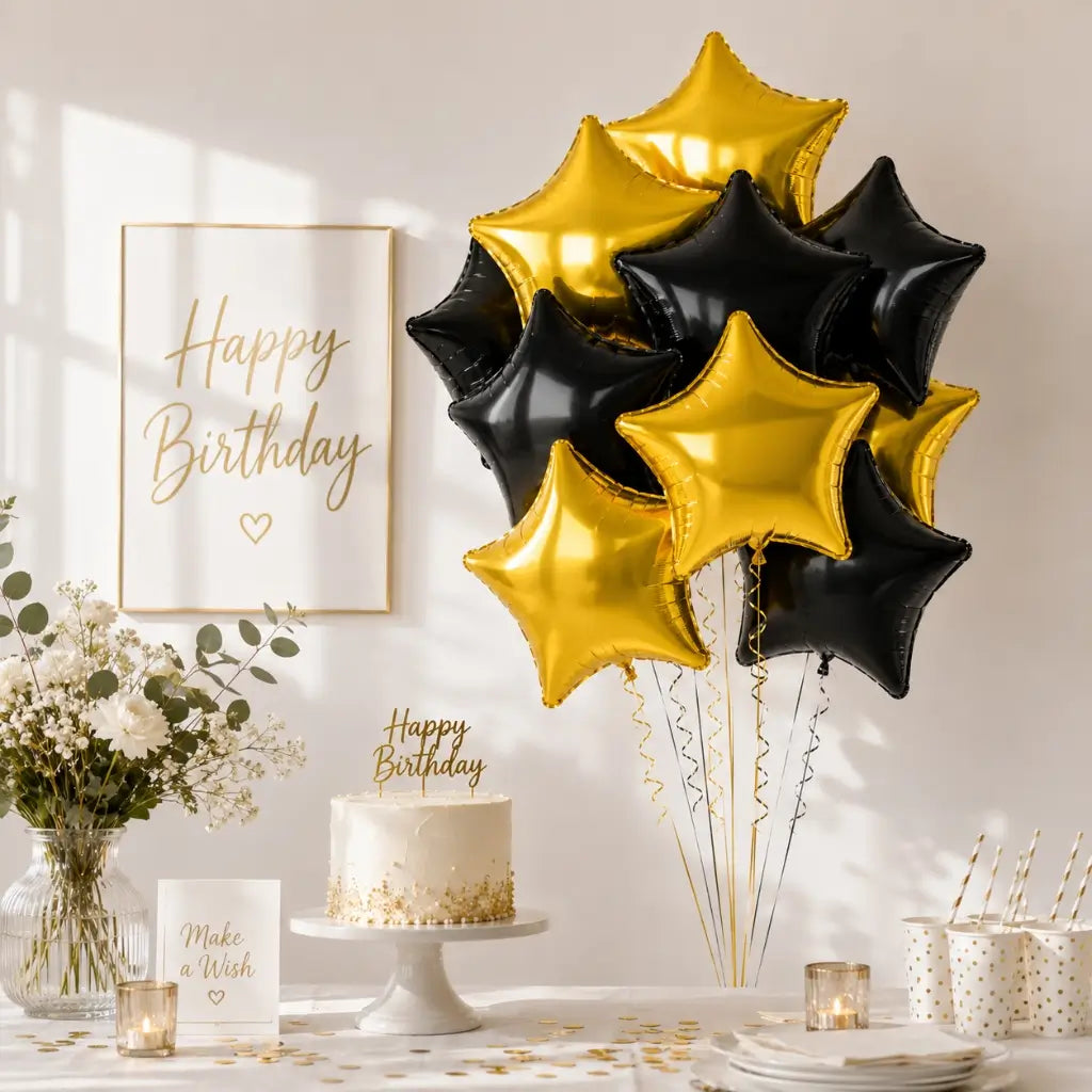 18-inch Black & Gold Star Foil Balloon Bouquet 10pk