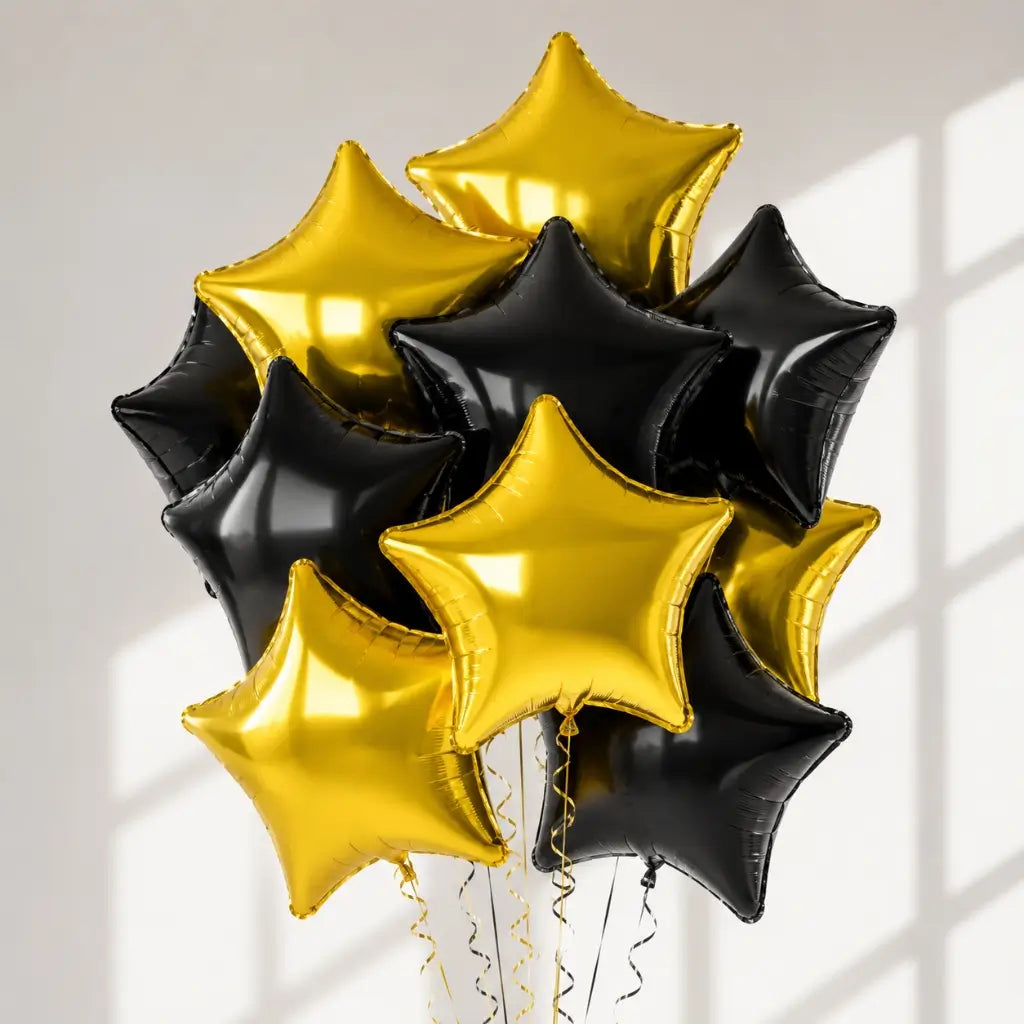 18-inch Black & Gold Star Foil Balloon Bouquet 10pk