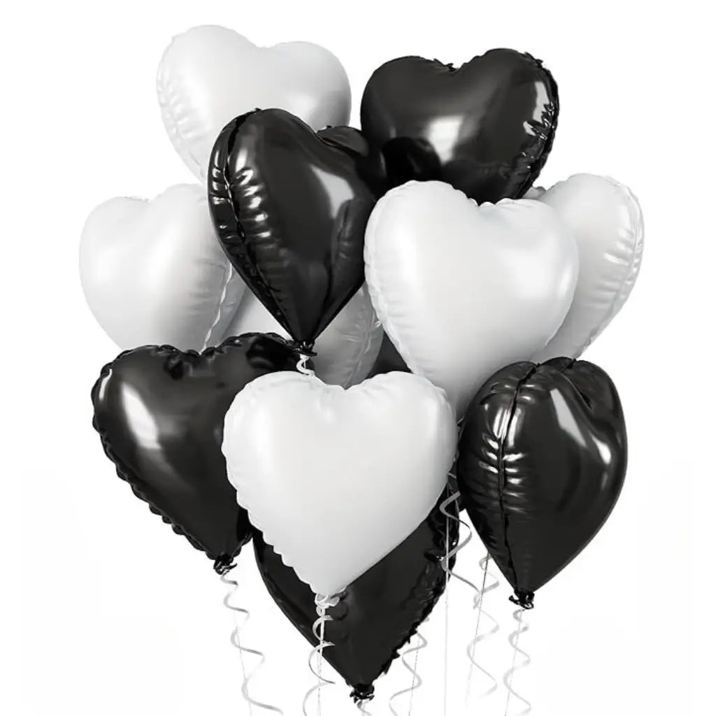 Pack of 10 18-inch Black &amp; White Heart Foil Balloon Bouquet.