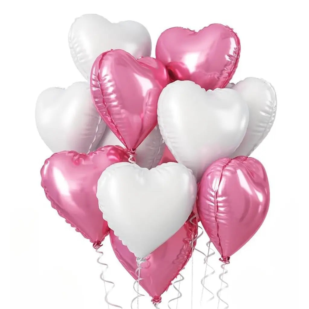 18-inch Dark Pink & White Heart Foil Balloon Bouquet 10pk