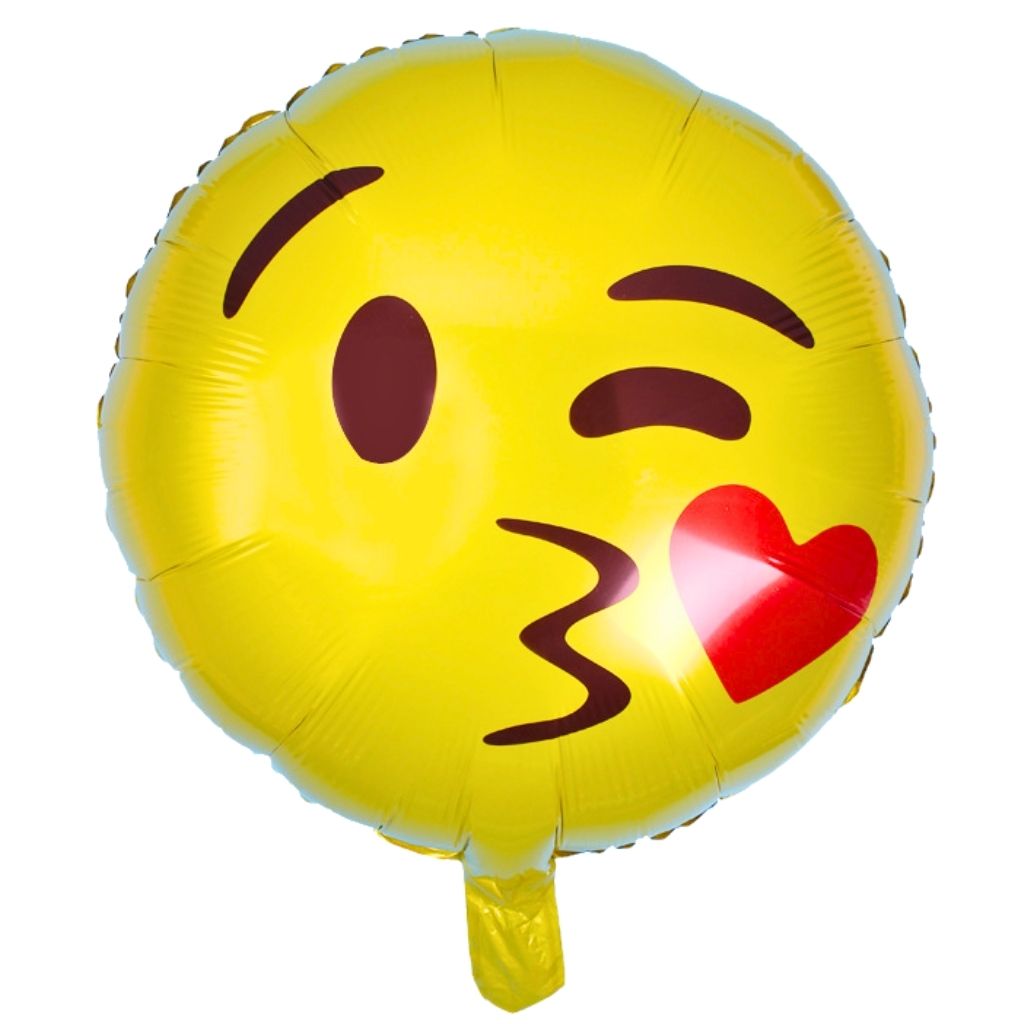 Four emoji-themed round foil balloons with different facial expressions on a white background