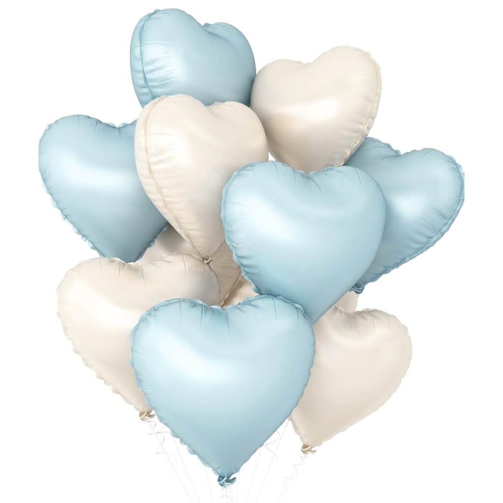 18-inch Matte Cream & Blue Heart Foil Balloon Bouquet 10pk