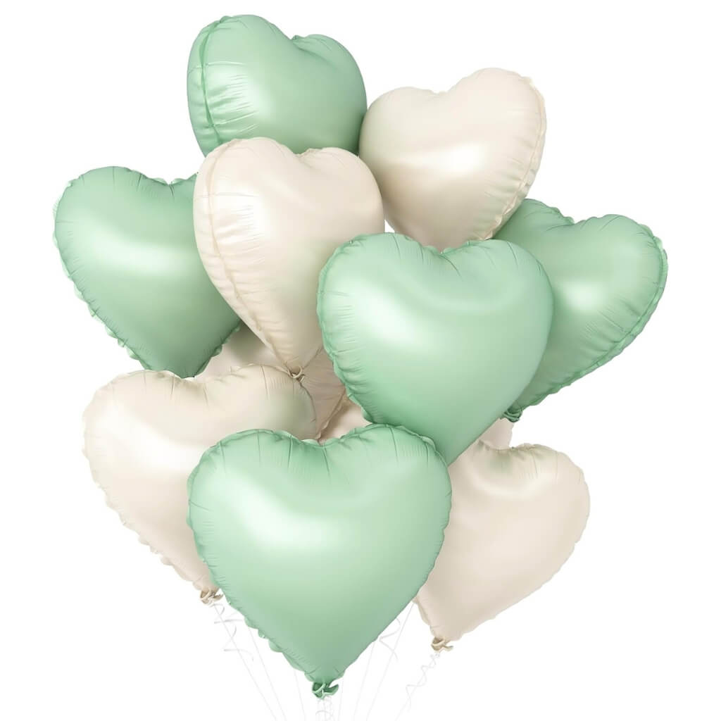18-inch Matte Cream & Olive Green Heart Foil Balloon Bouquet 10pk