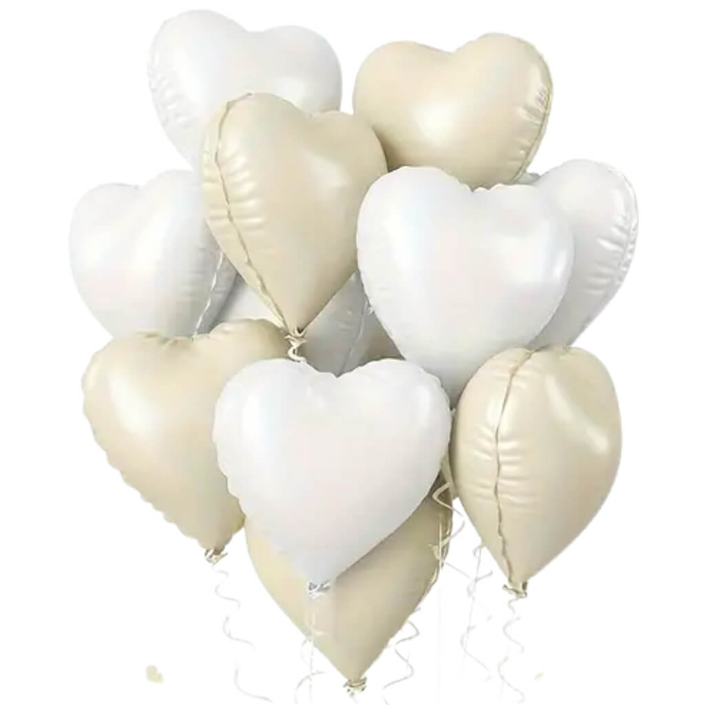 18-inch Matte Cream & White Heart Foil Balloon Bouquet 10pk