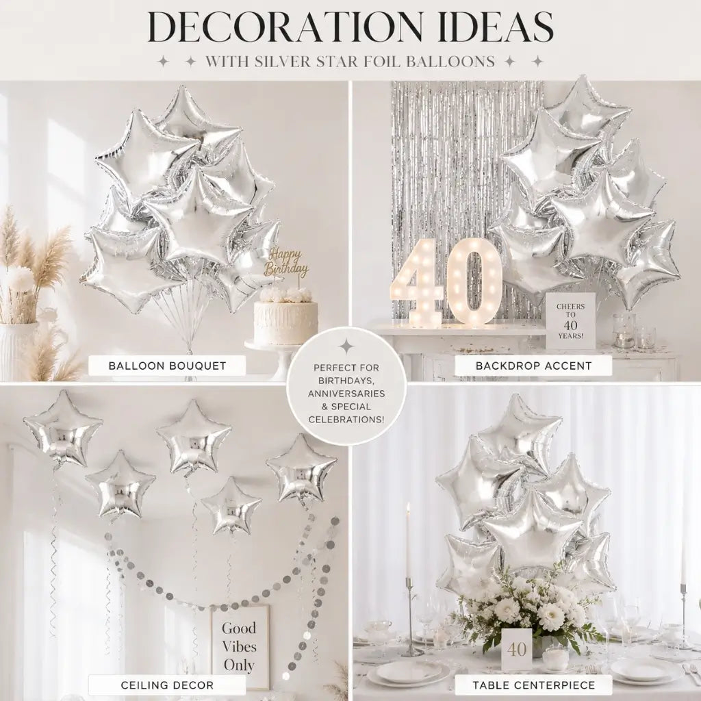 Pack of 10 18-inch Metallic Silver Star Foil Balloon Bouquet.