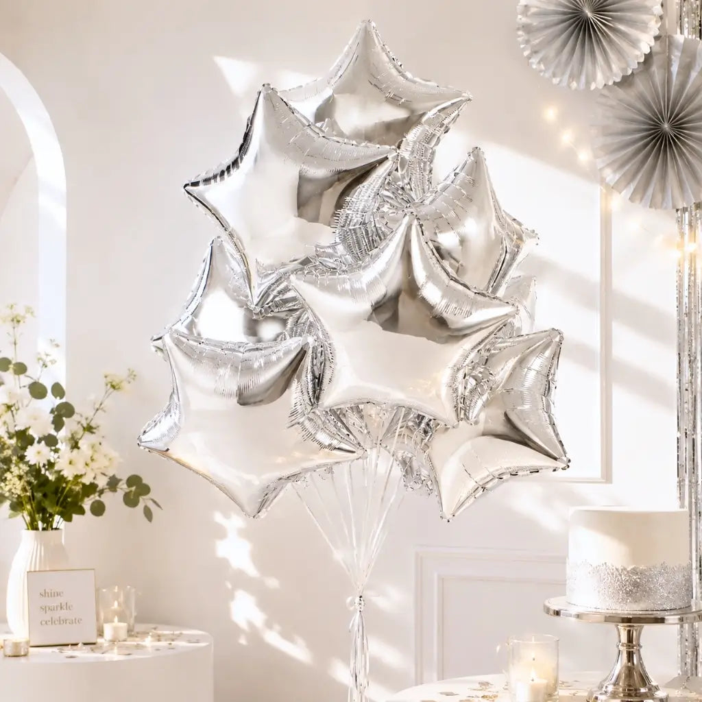 Pack of 10 18-inch Metallic Silver Star Foil Balloon Bouquet.