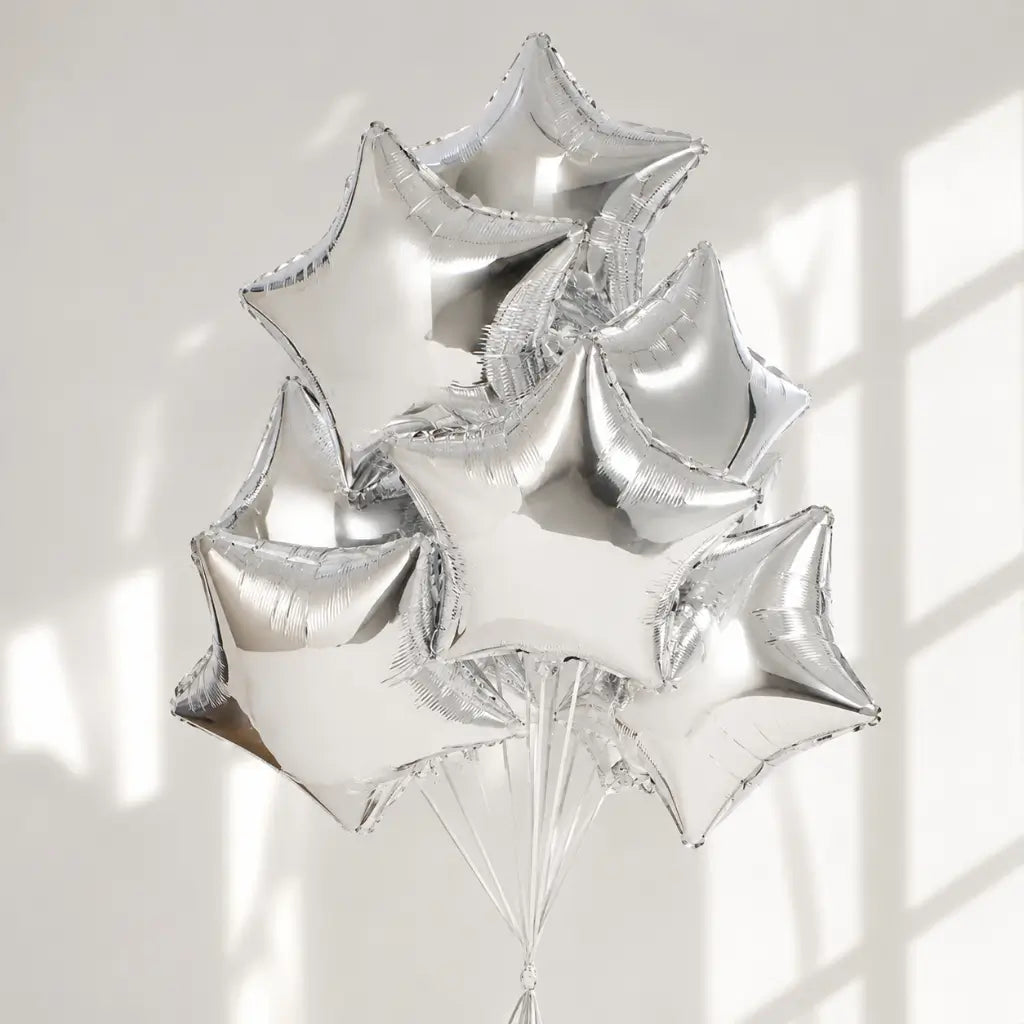 Pack of 10 18-inch Metallic Silver Star Foil Balloon Bouquet.