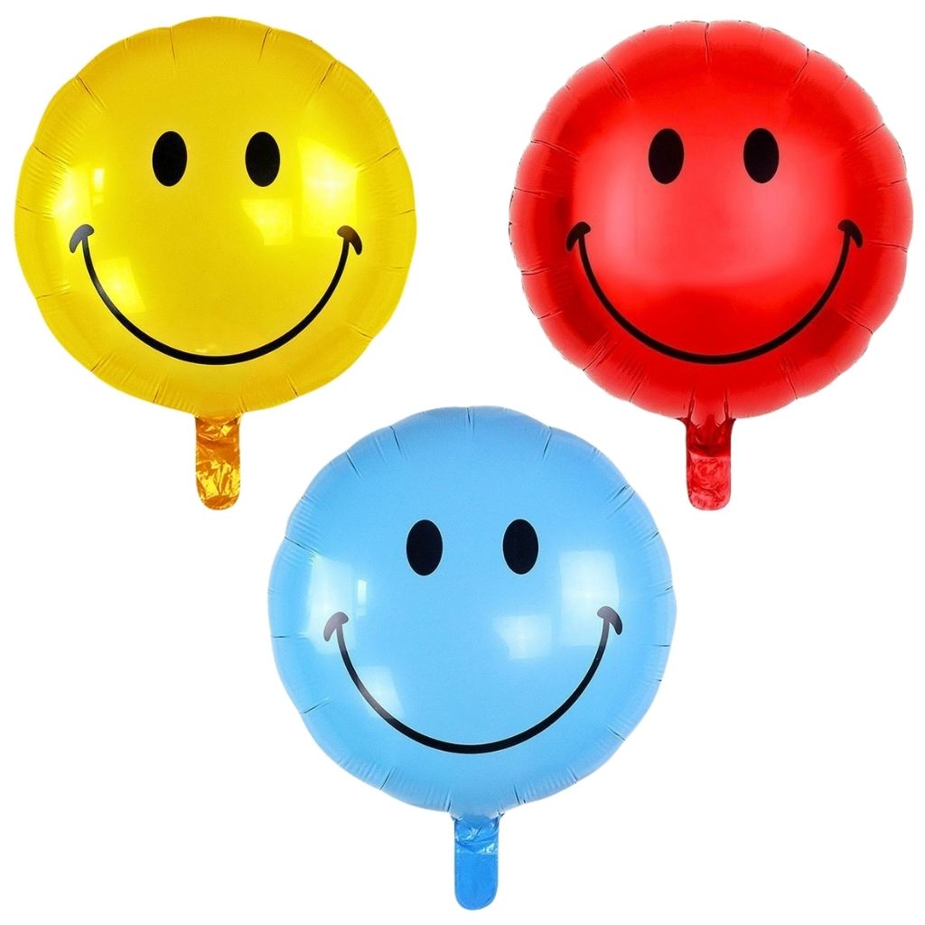 18-inch Round Smiley Face Foil Balloon – Gold, Blue & Red