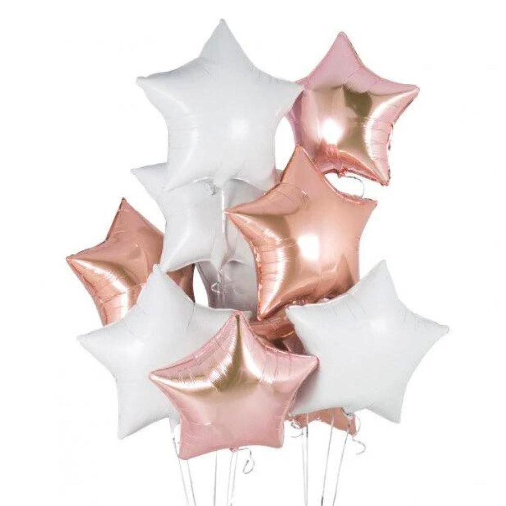 Pack of 10 18-inch White &amp; Rose Gold Star Foil Balloon Bouquet.