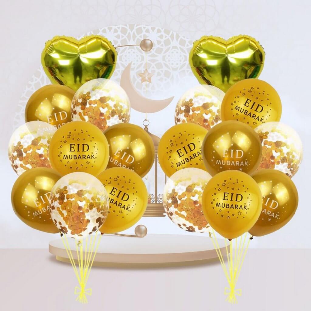 Gold Eid Mubarak Heart Confetti Balloon Bundle 18pk