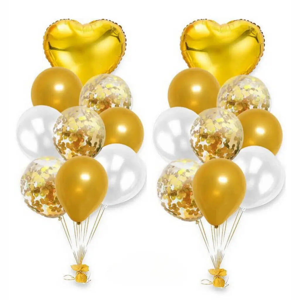 Gold White Confetti Latex Heart Foil Balloon Bouquet - 18 Pieces