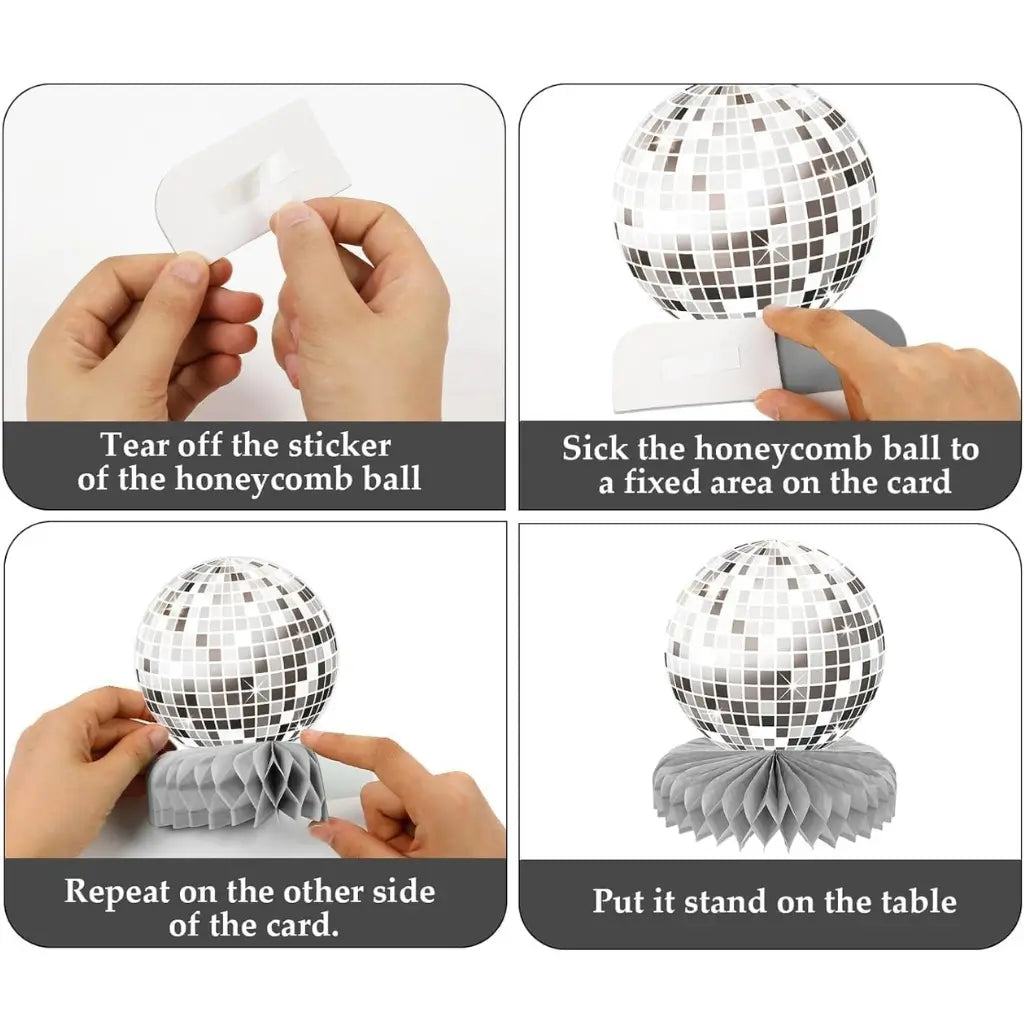 Silver disco ball table topper on tissue honeycomb stand instructions
