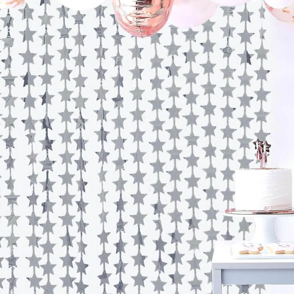 Silver Star Tinsel Fringe Backdrop Foil Curtain 1m x 2m - Wall Hanging Party Decorations.