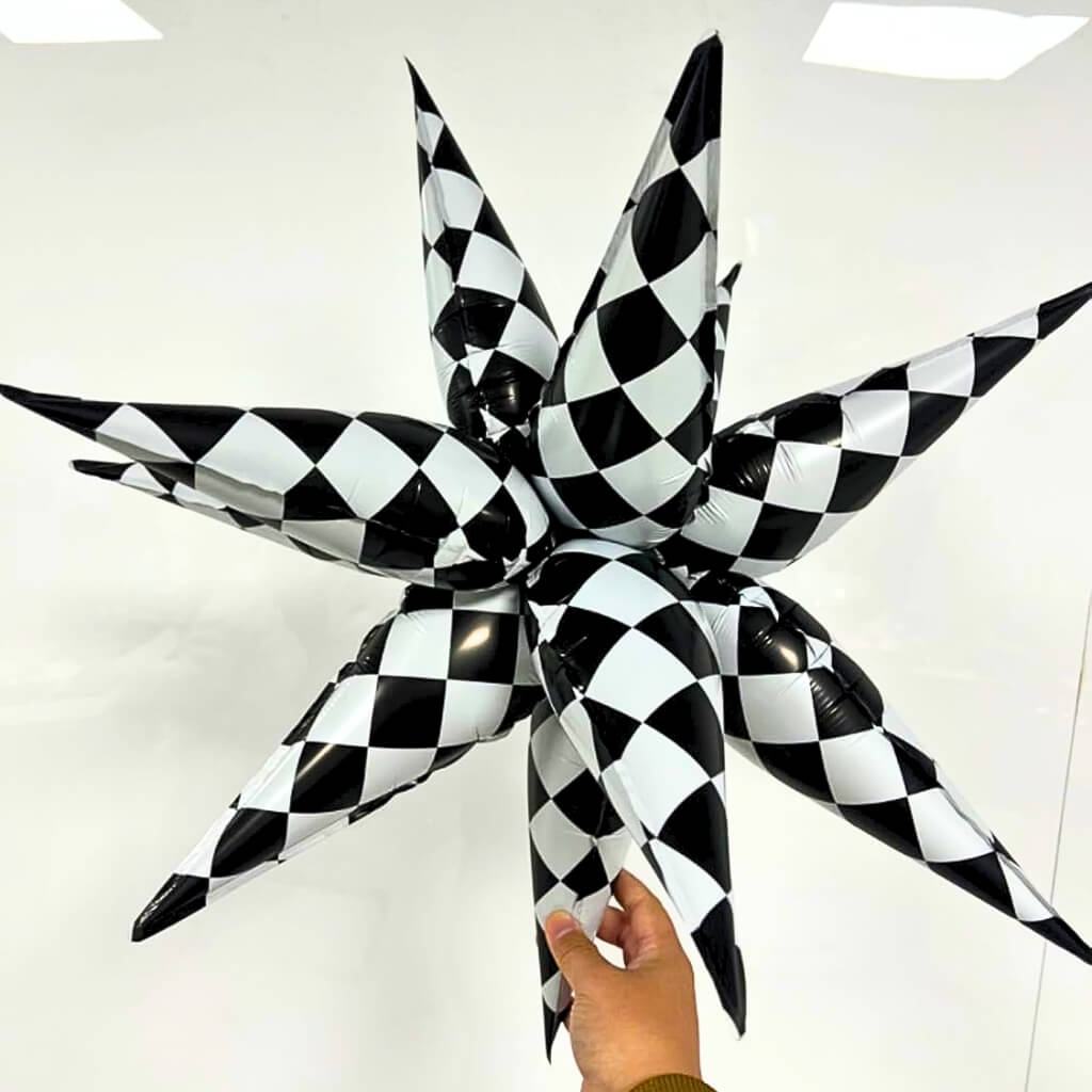 22-inch Jumbo Black & White Checked Burst Star Foil Balloon