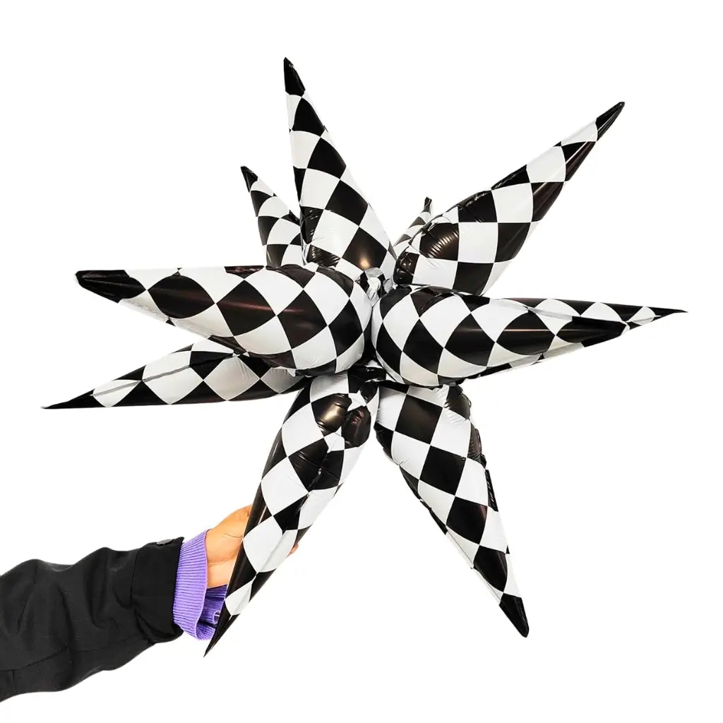 22-inch Jumbo Black & White Checked Burst Star Foil Balloon