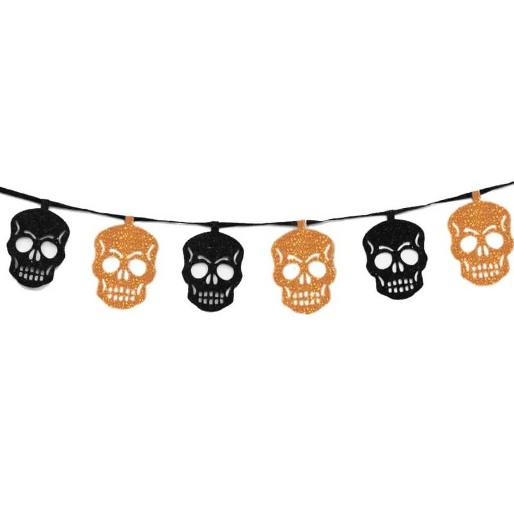 Black & Orange Halloween Skull Glitter Paper Bunting